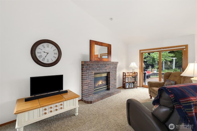 15427 148th Avenue Ct E, Orting, WA 98360 - carpeted living room featuring a fireplace, vaulted ceiling, and baseboards