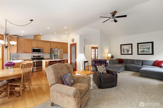 15427 148th Avenue Ct E, Orting, WA 98360 - living area featuring ceiling fan, high vaulted ceiling, recessed lighting, and light wood-type flooring