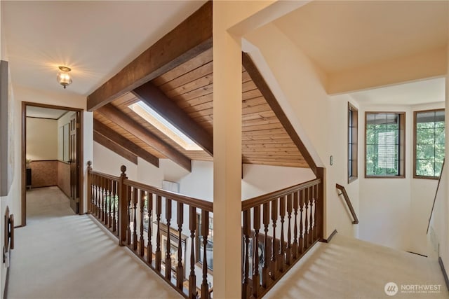 21102 31st Ave SE, Bothell, WA 98021 - hallway with a skylight, an upstairs landing, carpet, and wooden ceiling