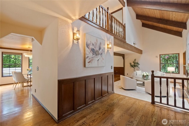 21102 31st Ave SE, Bothell, WA 98021 - hall with wood finished floors, wood ceiling with exposed beams, high vaulted ceiling, and wainscoting