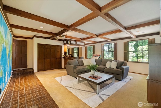 21102 31st Ave SE, Bothell, WA 98021 - carpeted living area featuring beamed ceiling, baseboards, coffered ceiling, and recessed lighting