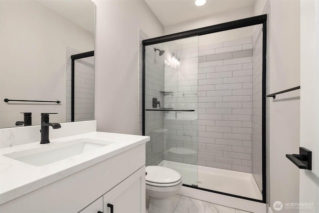 13037 75th Pl S, Seattle, WA 98178 - full bath with marble look tiles, toilet, vanity, a shower stall, and recessed lighting