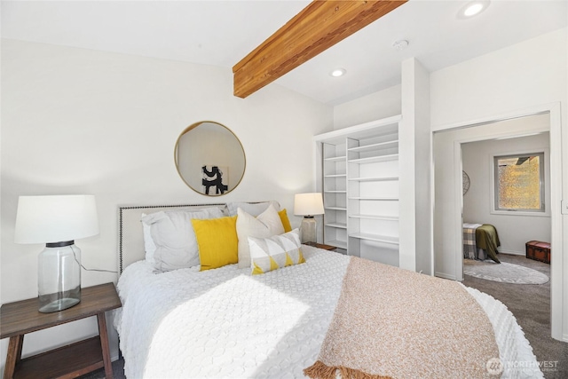 123 5th St, Roslyn, WA 98941 - carpeted bedroom with beamed ceiling, recessed lighting, and baseboards
