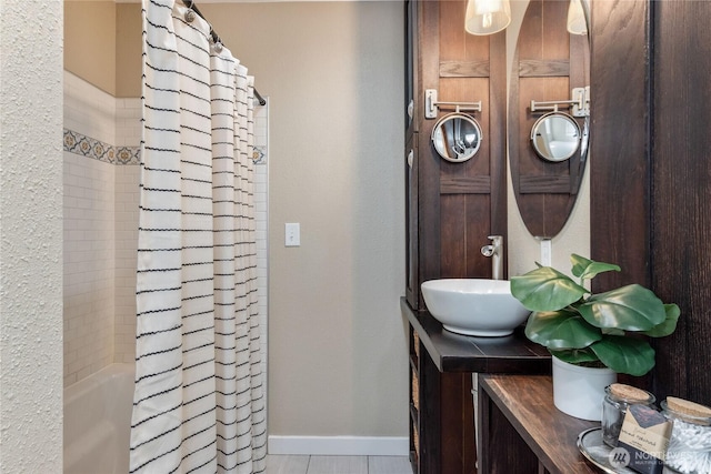 2710 N Lafayette, Bremerton, WA 98312 - full bath featuring baseboards, vanity, and shower / bath combo with shower curtain