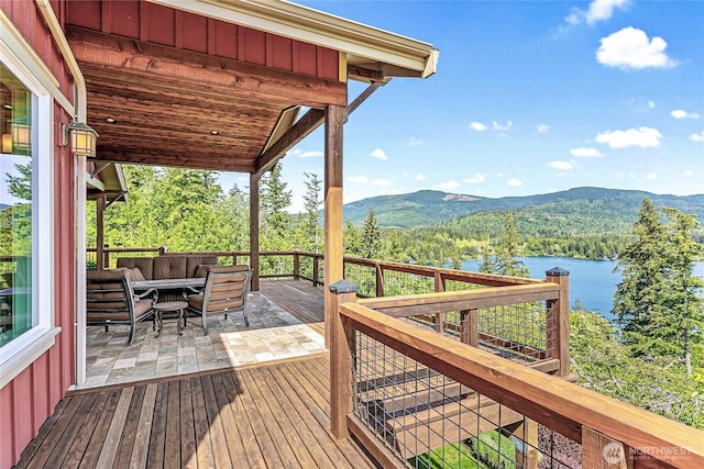 3178 Edgewood Ln, Bellingham, WA 98226 - wooden terrace with outdoor lounge area, a water and mountain view, and a wooded view