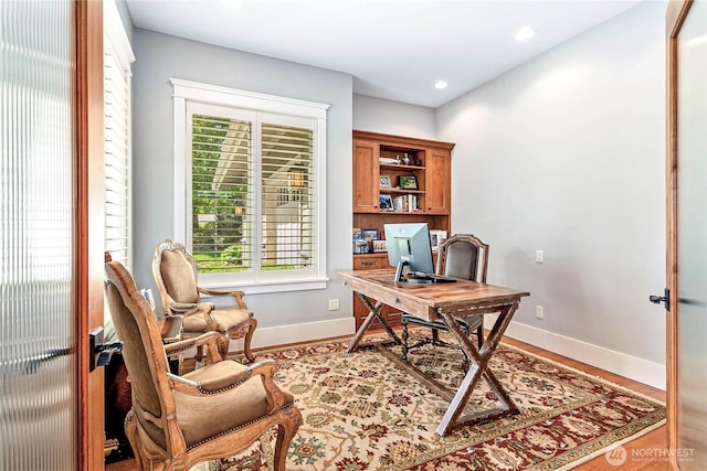 3178 Edgewood Ln, Bellingham, WA 98226 - office featuring baseboards, wood finished floors, and recessed lighting