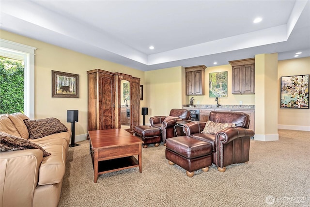 3178 Edgewood Ln, Bellingham, WA 98226 - living room featuring wet bar, light carpet, a raised ceiling, recessed lighting, and baseboards