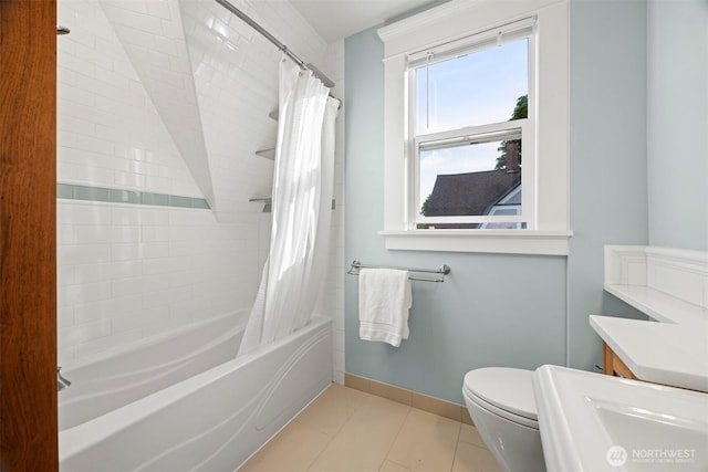 2416 Broadway, Bellingham, WA 98225 - bathroom with toilet, shower / bath combination with curtain, baseboards, tile patterned flooring, and vanity