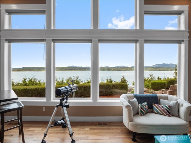 4590 E State Route 106, Union, WA 98592 - living area featuring a water and mountain view, healthy amount of natural light, and wood finished floors