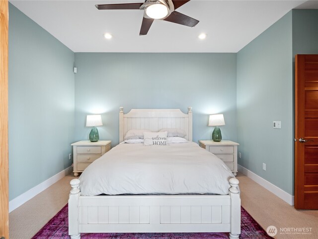 4590 E State Route 106, Union, WA 98592 - bedroom with light carpet, baseboards, ceiling fan, and recessed lighting
