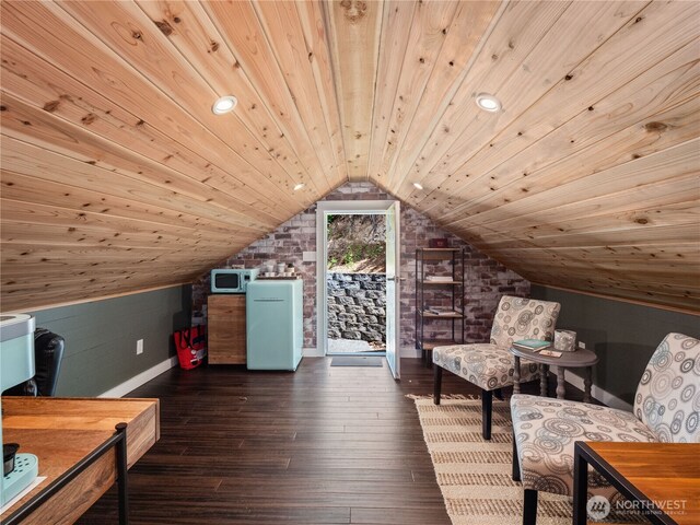 4590 E State Route 106, Union, WA 98592 - living area featuring lofted ceiling, dark wood-type flooring, baseboards, and wooden ceiling
