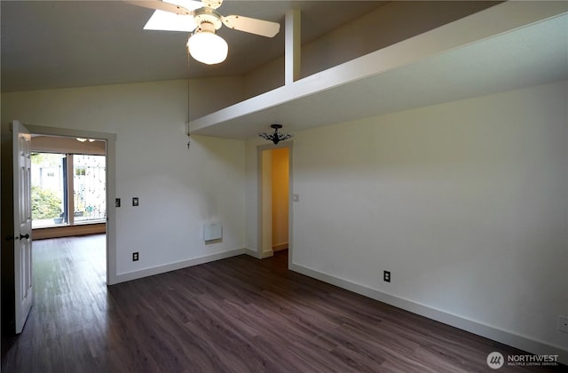 463 Humble Hill Rd, Sequim, WA 98382 - unfurnished room with dark wood-style floors, baseboards, high vaulted ceiling, and ceiling fan