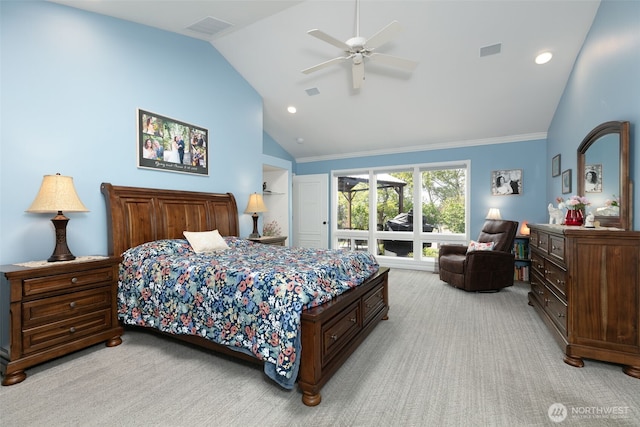 190 Twin Peaks Rd, Selah, WA 98942 - bedroom with light colored carpet, ceiling fan, recessed lighting, and high vaulted ceiling