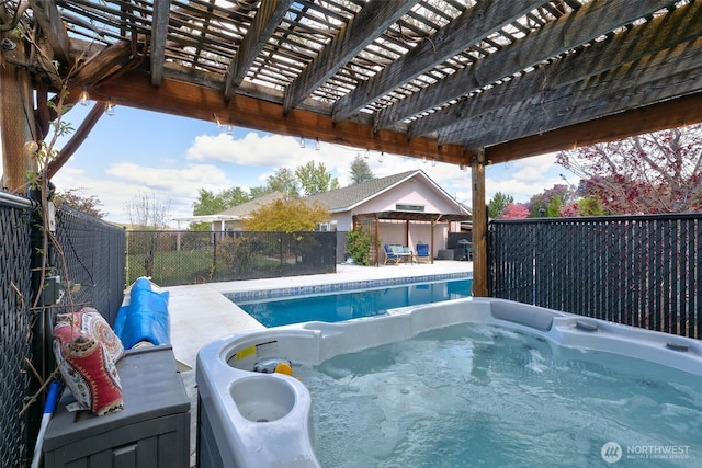 190 Twin Peaks Rd, Selah, WA 98942 - view of swimming pool with a hot tub, a pergola, and a fenced backyard