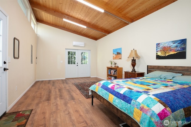 190 Twin Peaks Rd, Selah, WA 98942 - bedroom with wood ceiling with exposed beams, a wall mounted air conditioner, wood finished floors, high vaulted ceiling, and baseboards