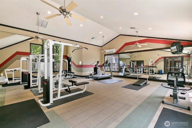 3116 164th St SW Unit 1704, Lynnwood, WA 98087 - exercise room with a ceiling fan, recessed lighting, and high vaulted ceiling
