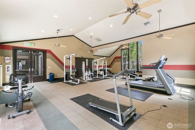 3116 164th St SW Unit 1704, Lynnwood, WA 98087 - gym featuring ceiling fan, recessed lighting, baseboards, and high vaulted ceiling