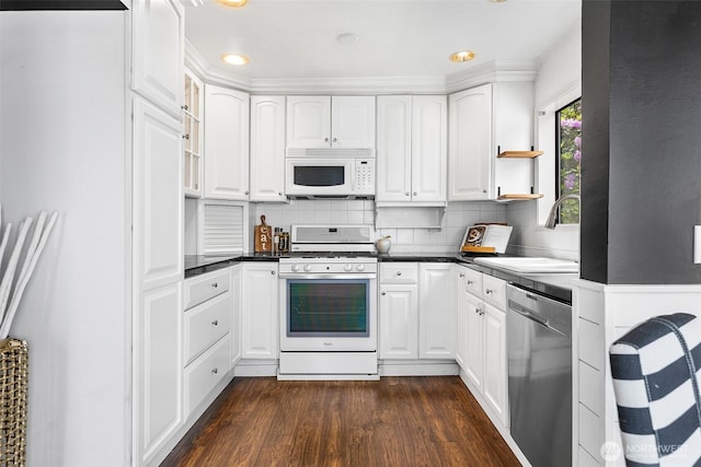 26736 138th Pl SE, Kent, WA 98042 - kitchen with white appliances, a sink, dark wood-style flooring, white cabinets, and recessed lighting