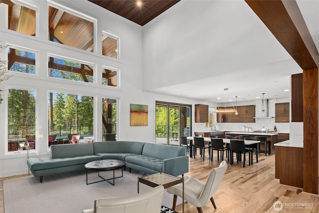 501 Maple Leaf Loop, Cle Elum, WA 98922 - living area featuring light wood-style floors, recessed lighting, a towering ceiling, and wooden ceiling