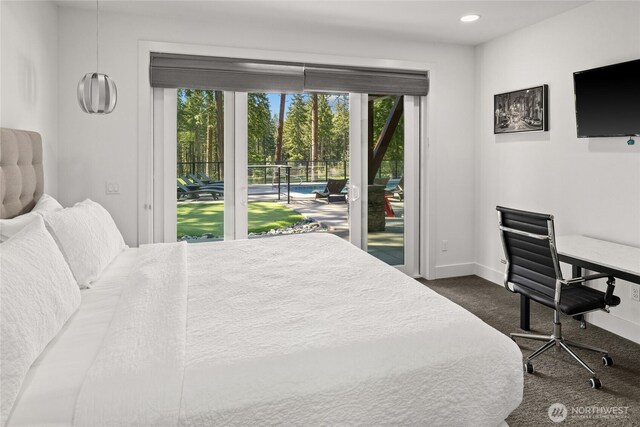 501 Maple Leaf Loop, Cle Elum, WA 98922 - bedroom with access to exterior, dark carpet, baseboards, and recessed lighting