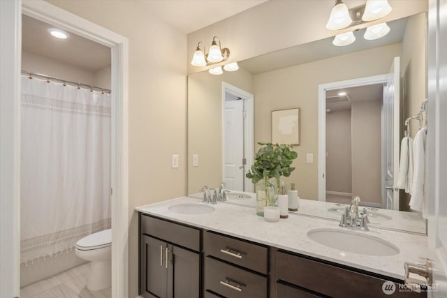 12304 55th Dr SE, Snohomish, WA 98296 - full bath with double vanity, toilet, and a shower with shower curtain
