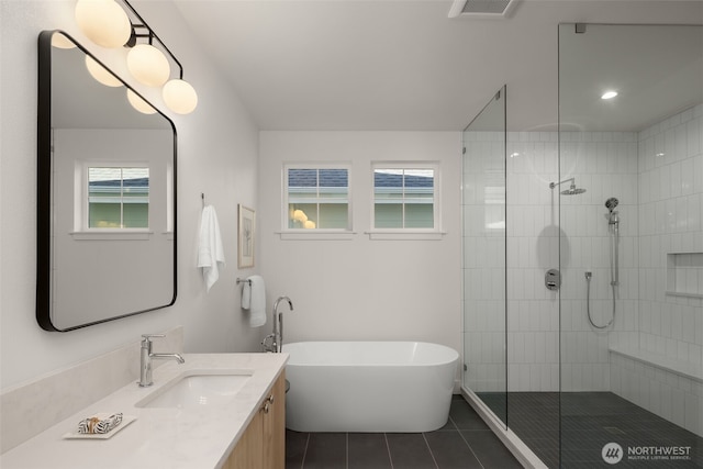 12833 NE 91st St, Kirkland, WA 98033 - full bathroom with tile patterned floors, a freestanding tub, vanity, and tiled shower
