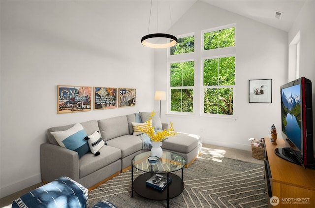 12833 NE 91st St, Kirkland, WA 98033 - living room featuring baseboards, carpet, and high vaulted ceiling