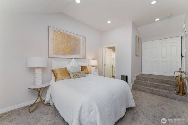 7408 S 128th St, Seattle, WA 98178 - carpeted bedroom featuring vaulted ceiling, baseboards, recessed lighting, and a closet