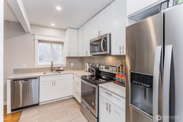 207 N Colville St, Walla Walla, WA 99362 - kitchen featuring stainless steel appliances, a sink, backsplash, white cabinetry, and recessed lighting