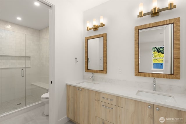 12837 NE 91st St, Kirkland, WA 98033 - full bathroom with a shower stall, double vanity, and recessed lighting