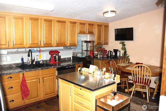 17340 Sargent Rd SW Unit 54, Rochester, WA 98579 - kitchen featuring a sink, dishwashing machine, decorative backsplash, a textured ceiling, and brown cabinets
