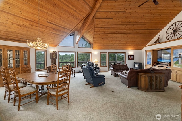 280 Surf St, Westport, WA 98595 - dining space featuring high vaulted ceiling, carpet flooring, a chandelier, and wooden ceiling