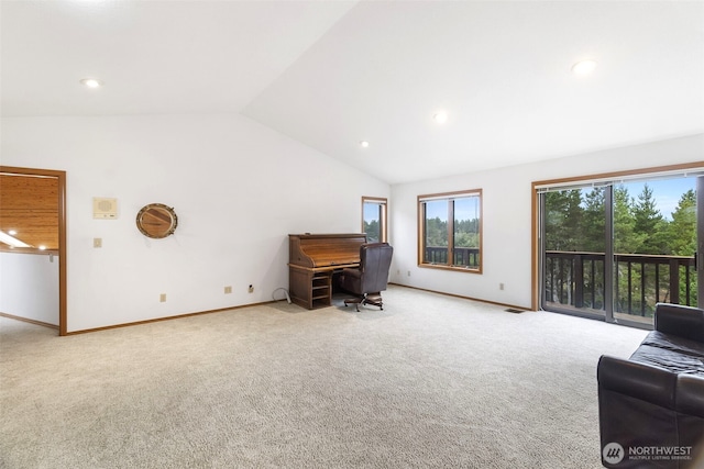 280 Surf St, Westport, WA 98595 - carpeted office space featuring lofted ceiling, baseboards, and recessed lighting