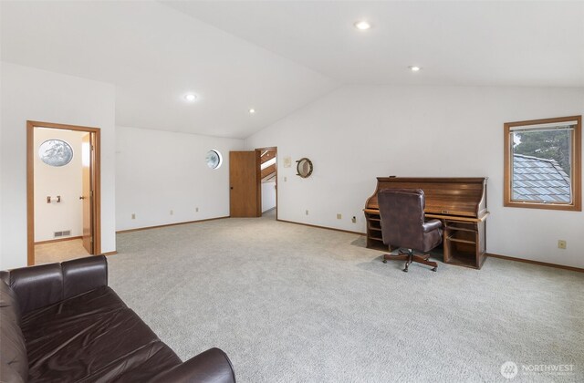 280 Surf St, Westport, WA 98595 - carpeted office with lofted ceiling, baseboards, and recessed lighting