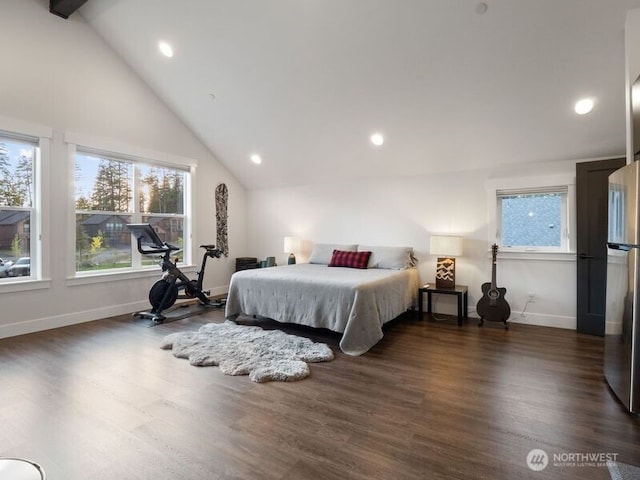 30 Symphony Ct, Cle Elum, WA 98922 - bedroom with freestanding refrigerator, vaulted ceiling, dark wood finished floors, and recessed lighting