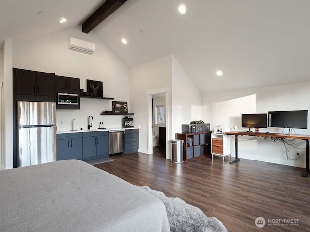 30 Symphony Ct, Cle Elum, WA 98922 - bedroom with freestanding refrigerator, high vaulted ceiling, beam ceiling, dark wood finished floors, and a wall mounted air conditioner