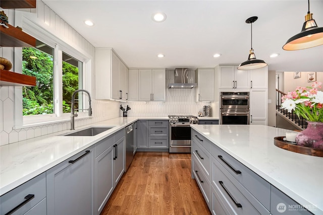 3908 NE 103rd St, Seattle, WA 98125 - kitchen with stainless steel appliances, gray cabinetry, wall chimney exhaust hood, open shelves, and backsplash