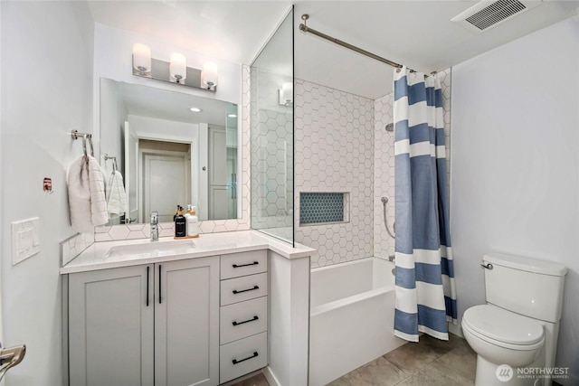 3908 NE 103rd St, Seattle, WA 98125 - bathroom with vanity, shower / bathtub combination with curtain, tile patterned flooring, and tasteful backsplash