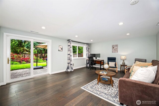 3908 NE 103rd St, Seattle, WA 98125 - living room with hardwood / wood-style floors, recessed lighting, and an office area