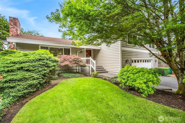 3908 NE 103rd St, Seattle, WA 98125 - view of front of house with an attached garage, a front lawn, and a chimney
