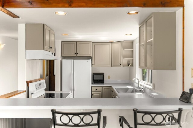 102A Vintin Rd, Carlton, WA 98814 - kitchen with freestanding refrigerator, electric range, a sink, gray cabinets, and recessed lighting