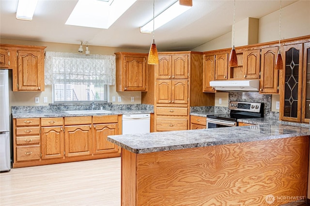 815 NE Karol Loop, College Place, WA 99324 - kitchen featuring appliances with stainless steel finishes, under cabinet range hood, lofted ceiling, a sink, and a skylight