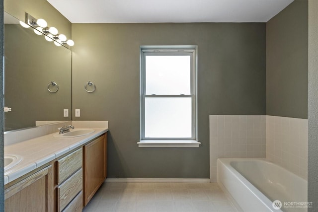 2311 Milton Way Unit E, Milton, WA 98354 - bathroom featuring a garden tub, double vanity, and baseboards