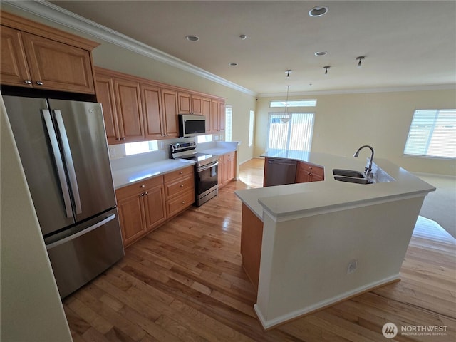 1301 67th St SE Unit 16A, Auburn, WA 98092 - kitchen with appliances with stainless steel finishes, a sink, light wood-type flooring, crown molding, and a large island