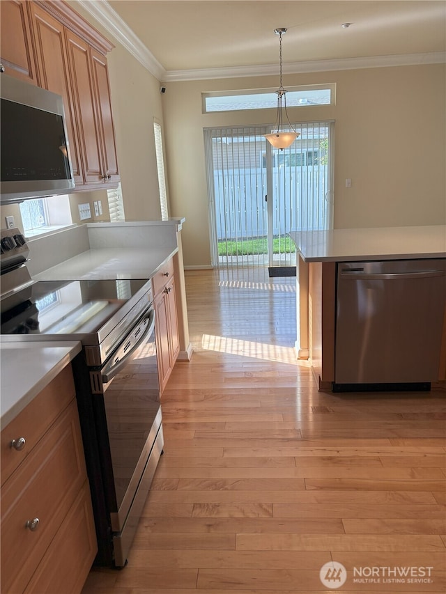 1301 67th St SE Unit 16A, Auburn, WA 98092 - kitchen featuring stainless steel appliances, ornamental molding, light wood-type flooring, light countertops, and decorative light fixtures