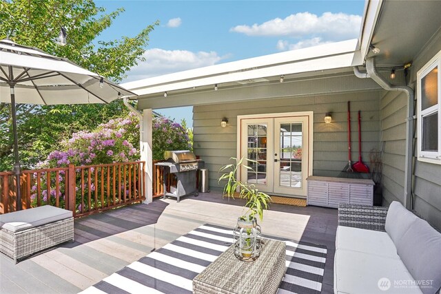 4210 N Vassault St, Tacoma, WA 98407 - wooden deck featuring french doors, area for grilling, and an outdoor hangout area