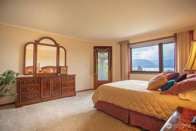 12289 Seabeck Hwy NW, Seabeck, WA 98380 - bedroom with access to outside, ornamental molding, light carpet, and baseboards