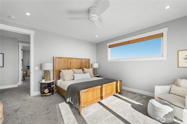 1401 S Cohasset Crst, Westport, WA 98595 - carpeted bedroom featuring baseboards, recessed lighting, and a ceiling fan