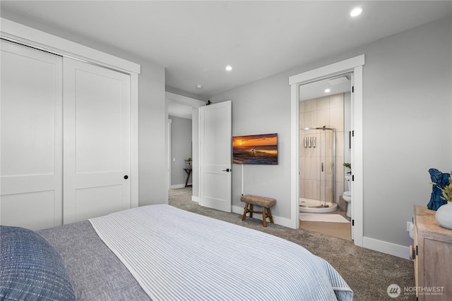 1401 S Cohasset Crst, Westport, WA 98595 - carpeted bedroom featuring recessed lighting, baseboards, a closet, and connected bathroom