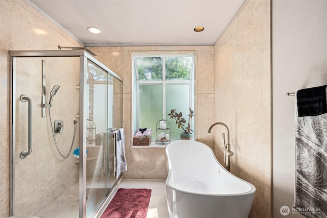 9138 Edgewater Dr SW, Lakewood, WA 98499 - full bath featuring a freestanding bath, a stall shower, and recessed lighting